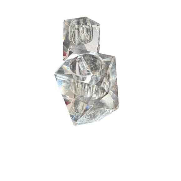 unbranded Other - VTG Clear Crystal Glass Taper Candle Holders Set of 2 Faceted Geometric Pair